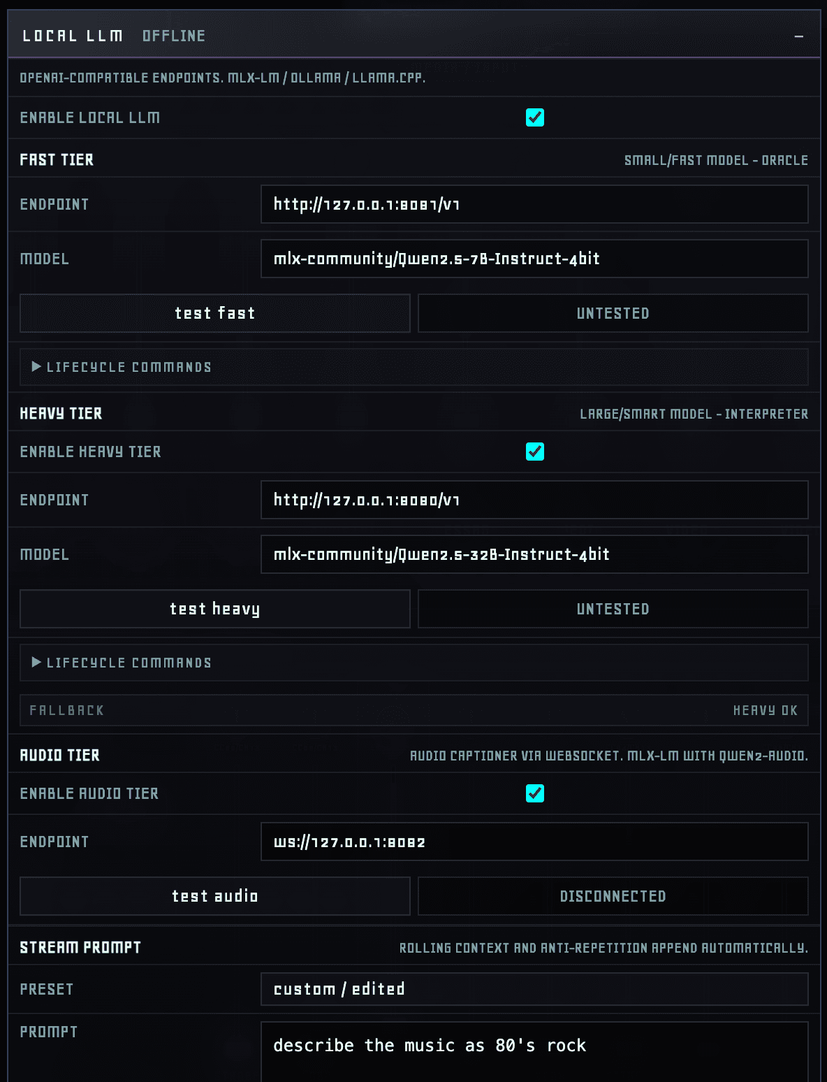 Local LLM settings panel with fast, heavy and audio model tiers, endpoints and prompt configuration