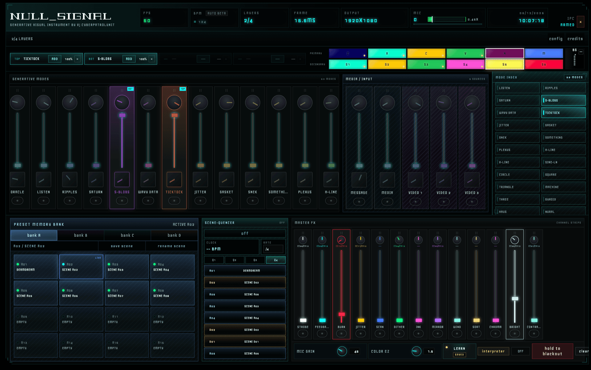 null_signal control surface: generative mode faders, four-layer mixer, preset banks and master FX on a black and cyan interface
