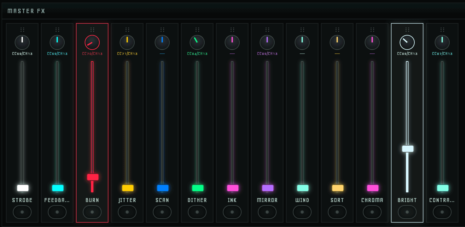 Master FX fader bank with Strobe, Burn, Mirror and Chroma effects and MIDI CC labels