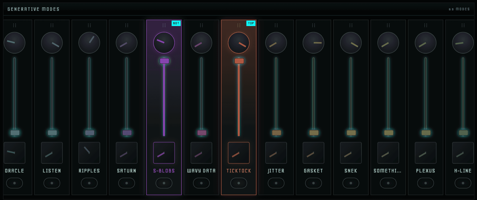 Generative mode fader bank with Oracle, S-Bloom and TickTock channel strips