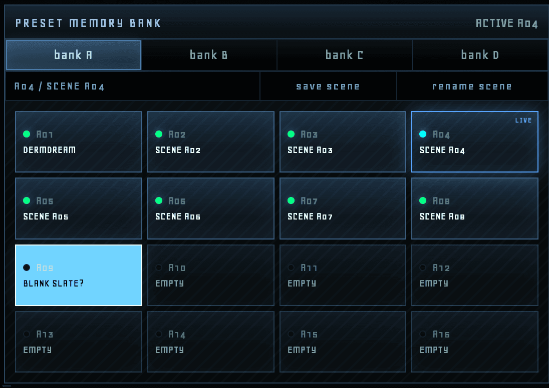 Preset memory bank with four banks of scene slots and an active scene readout